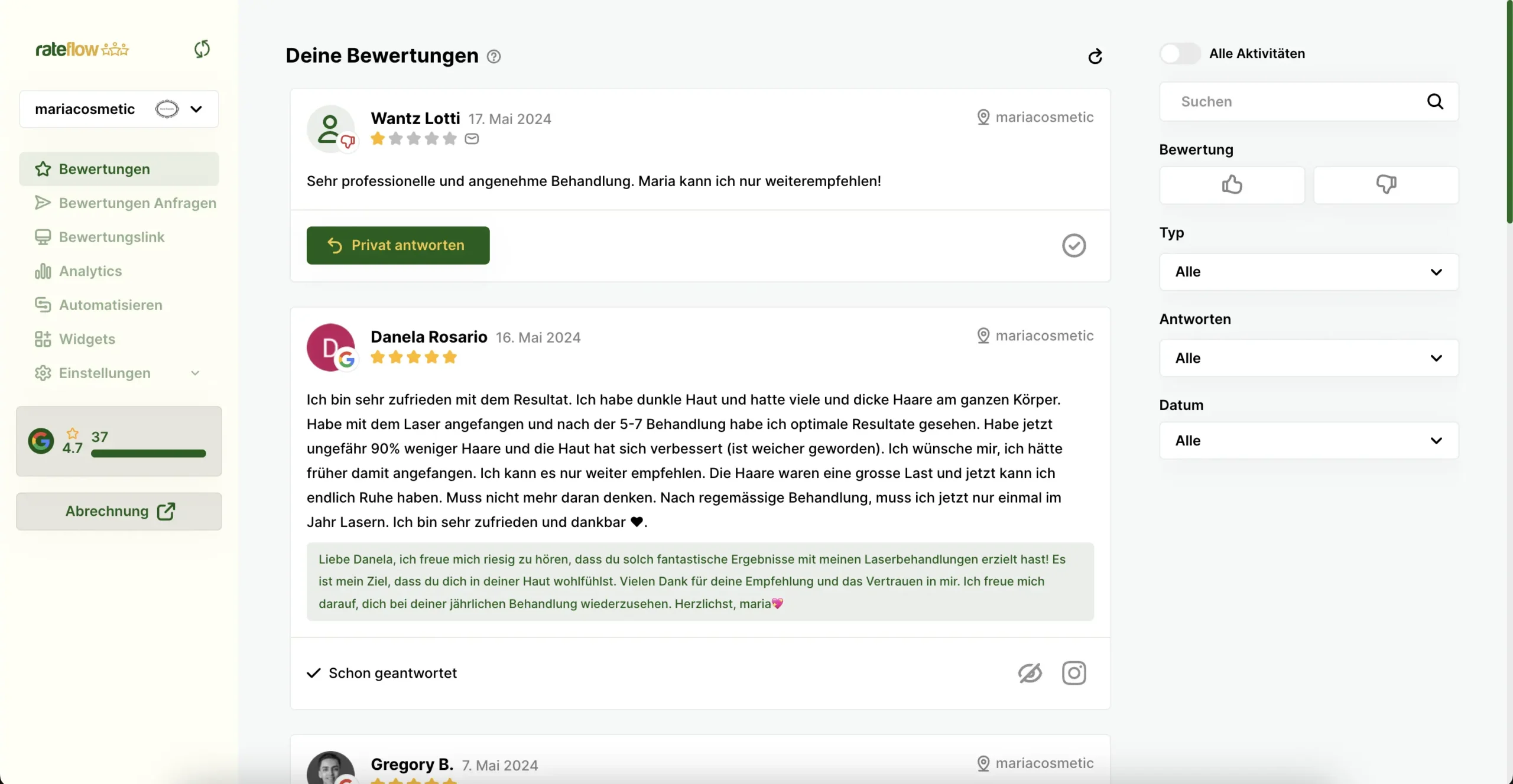 Der Bildschirm zur Verwaltung und UÌˆberwachung von Bewertungen