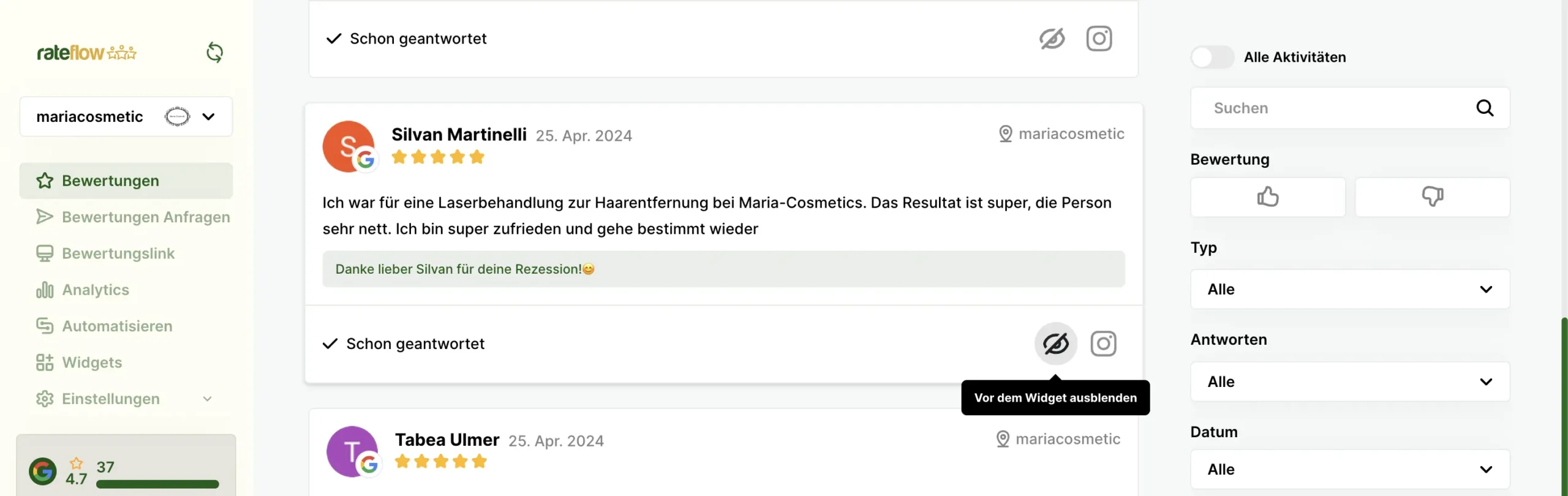 bewerungen entfernen